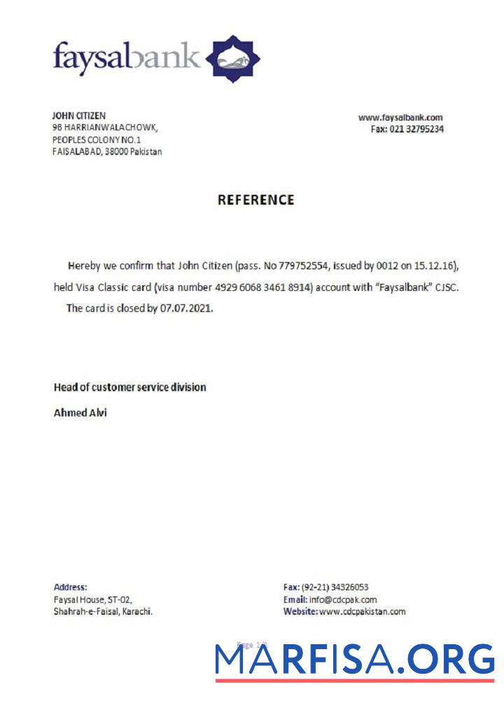 Realistic Pakistan Faysal bank closure reference example